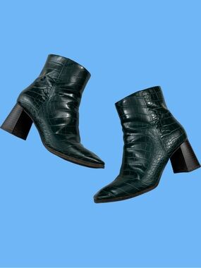 Green Croc Embossed Ankle Boots Block Heel Chunky INC Boots